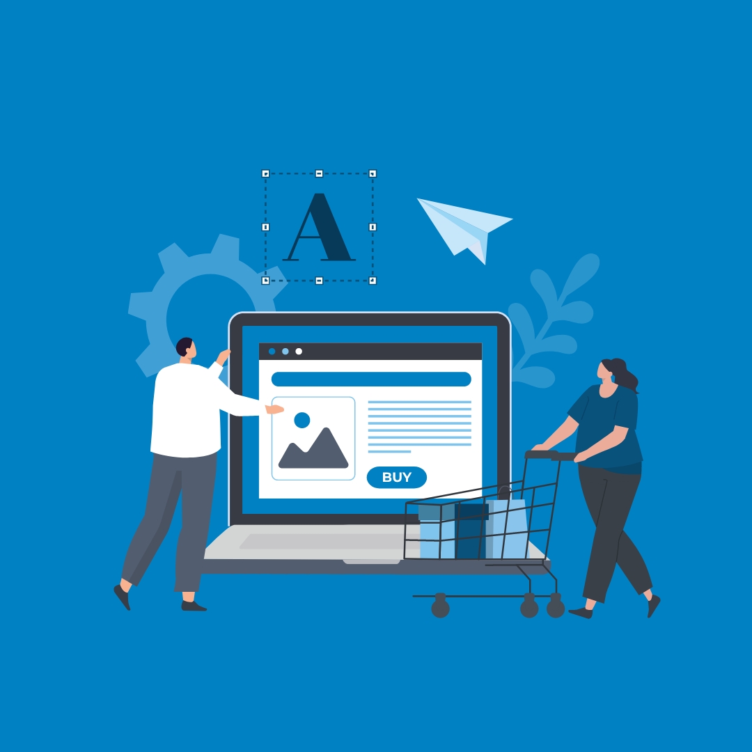 Graphic showing people looking at a bespoke website with a shopping cart