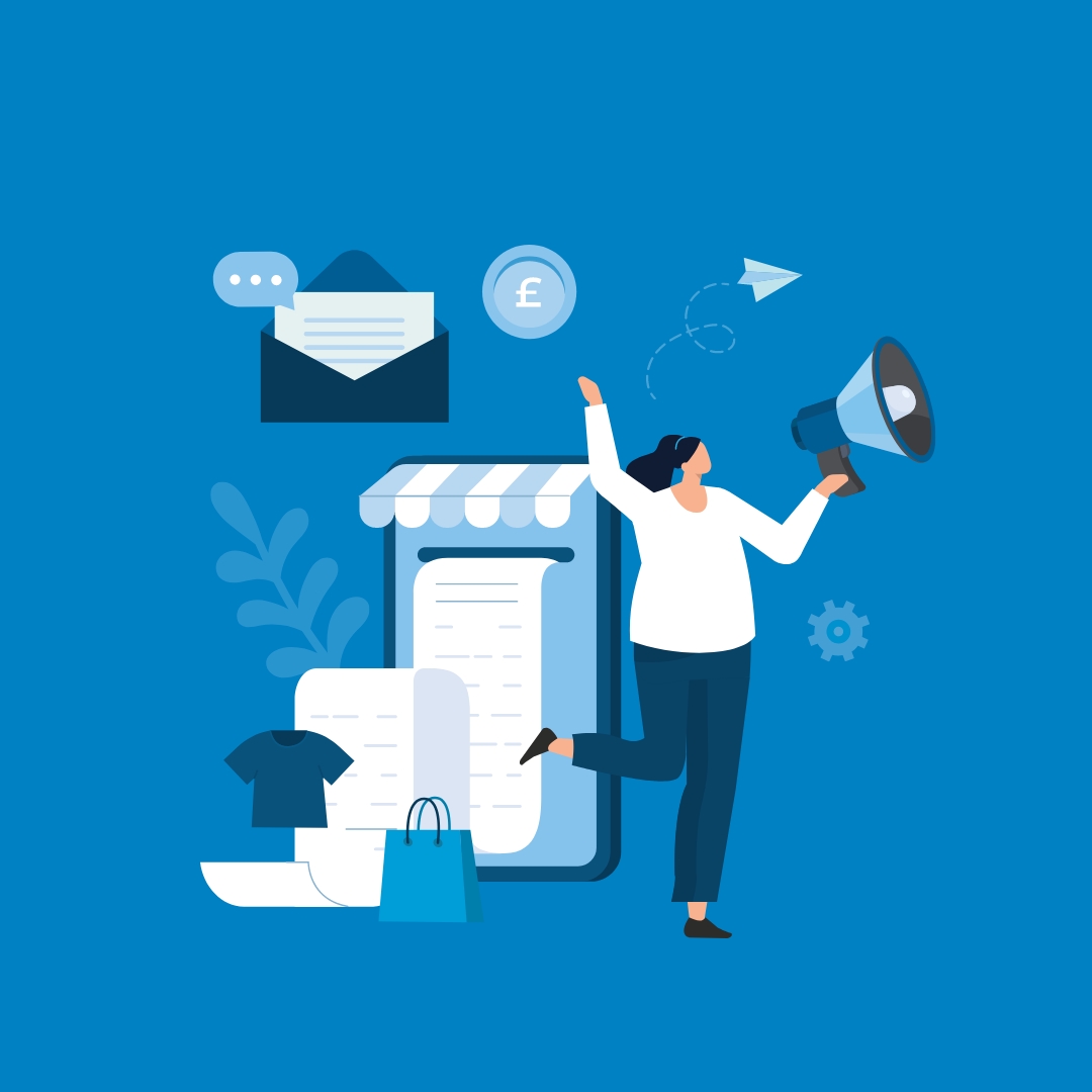 Graphic showing a woman with a megaphone in front of a receipt coming out of a shopfront