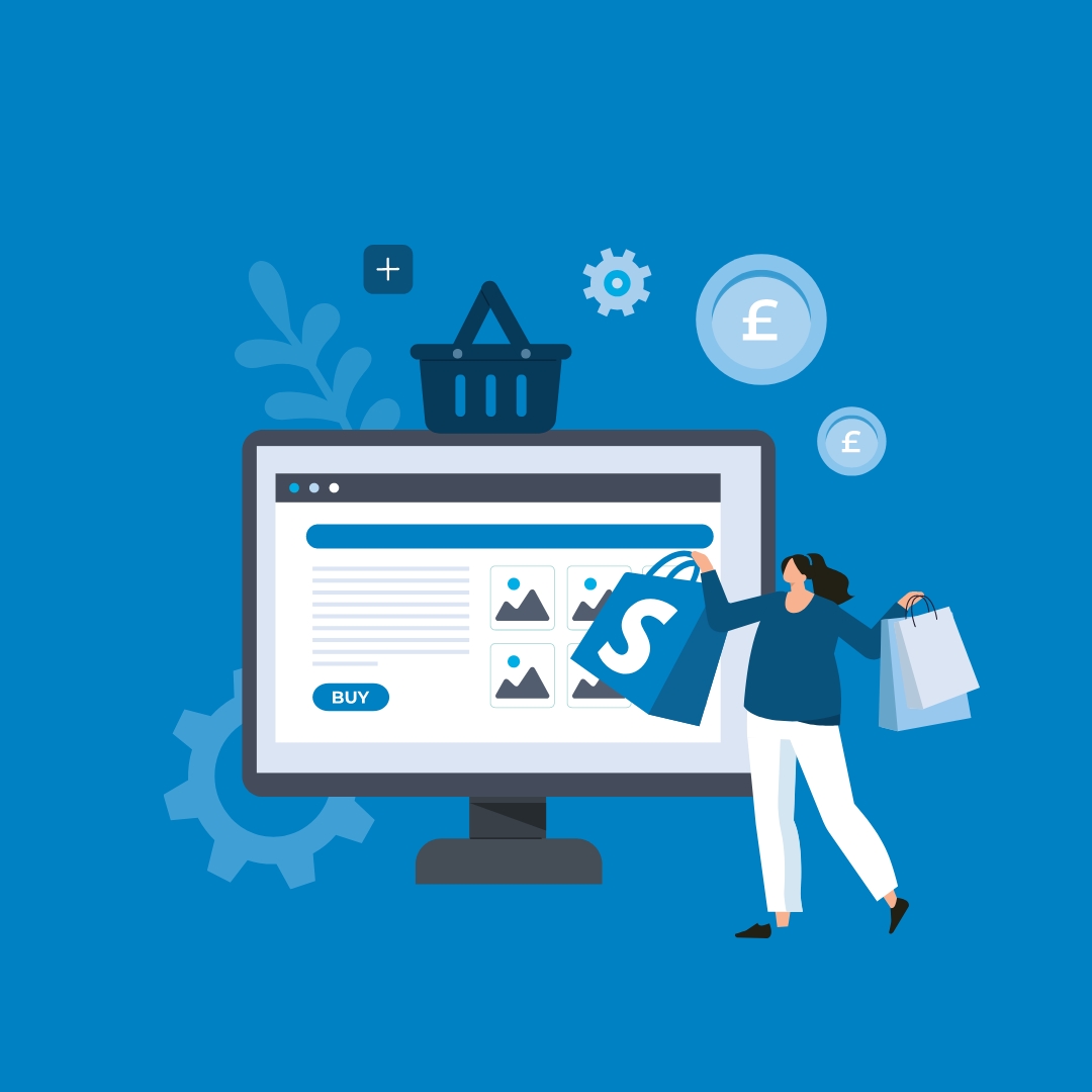 Graphic showing a woman with shopping bags in front of an eCommerce website