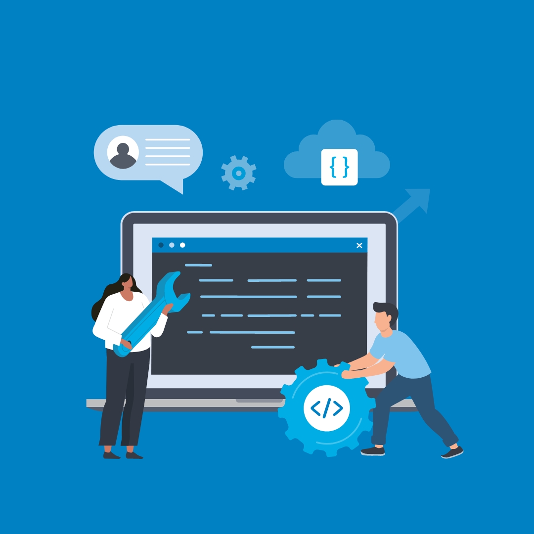 Graphic showing coding on a laptop screen with developers working